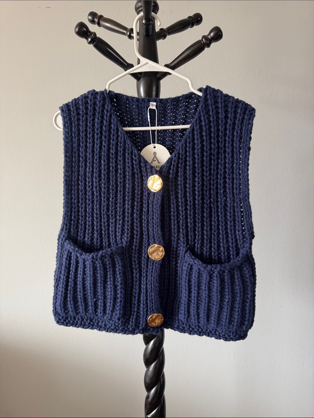 Navy Chunky Knit Button Vest With Gold Buttons